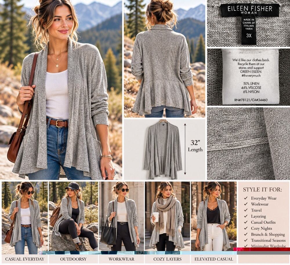 Eileen Fisher Woman 3X Gray Linen Blend Open Front Cardigan Duster Lagenlook